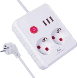 Удължител със защита от пренапрежение – разклонител с 2 контакта и 3× USB, 2500 W, 1,5 м, бял