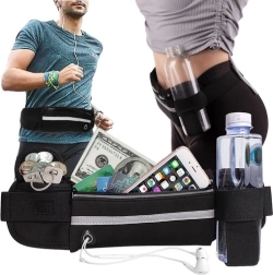 Бягаща чантичка за кръста с държач за бутилка, светлоотразителна лента и отвор за слушалки – черна