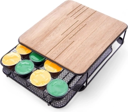 Органайзер за кафе капсули, метален черен с дървен плот