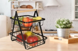 Двуетажна метална кошница за плодове с дървена дръжка, черна