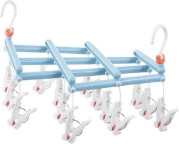 Folding hanging dryer with pegs, 14 clips, light blue