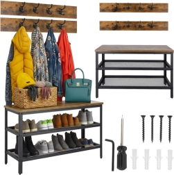 Шкаф за обувки с пейка и закачалка RUHHY 73 см, индустриален лофт, кафяв плот