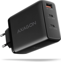AXAGON мрежово зарядно GaN 100 W, 3 порта (USB‑A + двоен USB‑C), черно