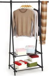 Метална закачалка за дрехи с 2 рафта, черна MODERNHOME