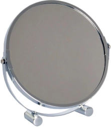 Double-sided cosmetic mirror with stand, 17 cm diameter, chrome