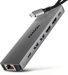 AXAGON HMC-7HX2 многопортов USB‑C хъб 7в1 с 2× HDMI 4K/60 Hz, 2× USB‑A, USB‑C, GLAN и PD 100 W