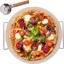Chamotte pizza stone with stand and cutter, 3-piece set