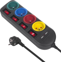 Разклонител с ключове: 4 гнезда + 2xUSB, черен