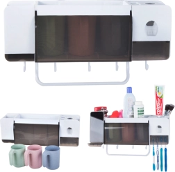 Стенен органайзер за четки за зъби с дозатор за паста и 3 чаши, бял