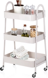 Метална подвижна етажерка, бежова, 3-етажна, 44 × 31,5 × 78,5 см