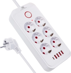 Удължител със защита от пренапрежение с 6 контакта, 4× USB‑A и 1× USB‑C, 2500 W, бял
