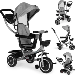 Детска триколка-количка 2в1, въртяща се седалка и сгъваем сенник, сива ECOTOYS