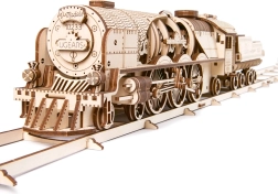 Дървен механичен пъзел UGEARS V-Express парен локомотив с тендер