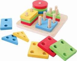 Bigjigs Baby дървена сортер играчка и подреждане на цветни форми върху колчета