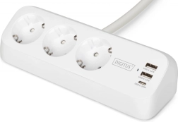 Настолен удължител със скоба, 3 гнезда Schuko, 2× USB‑A 12 W, 1× USB‑C 30 W, кабел 1,5 m, бял