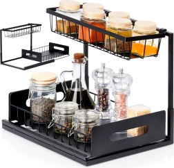 Two-tier kitchen shelf with pull-out drawer, metal, black 36 × 27 × 28.5 cm