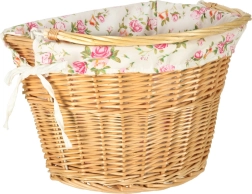 Wicker front bicycle basket with floral liner and quick-release click