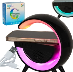 RGB LED лампа с безжично зарядно и високоговорител – черна