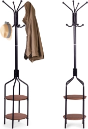 Стояща закачалка за дрехи с рафтове, 8 куки, 180 см, черна ModernHome