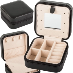 Пътна кутия за бижута с органайзер и огледало, черна, 10 × 10 × 5 см