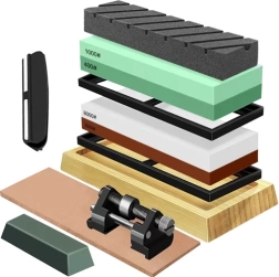 Воден камък за заточване на ножове RUHHY – комплект с различна зърнометрия и кожен ремък