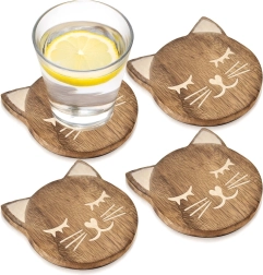 Mango Wood Cat-Shaped Coasters 10 × 11 cm, Set of 4