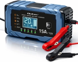 Qoltec интелигентно зарядно за автомобилни акумулатори 12 V 15 A с функция за ремонт за AGM/GEL/LiFePO4