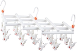 Plastic foldable clothes hanger with clips - 19 clips - white