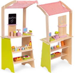 Дървен детски пазарен щанд с терминал и везна ECOTOYS, 20 части