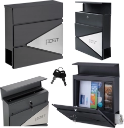 Голяма пощенска кутия в антрацит за писма и вестници с надпис POST, формат A4