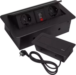 Вградена разклонителна лайсна за плот с 2 контакта и 2 USB, черна