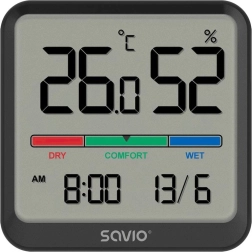 Дигитален термометър и хигрометър SAVIO с LCD, часовник и дата, магнитен държач – черна