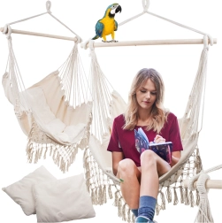 Бразилски висящ люлеещ се стол с възглавници бохо, бежов