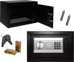 Home safe with electronic lock, access by key or code, 31x20x20 cm