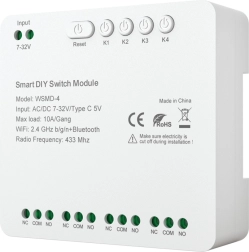 Smart four-channel DIY switching module AVATTO 7–32 V with Wi‑Fi, Bluetooth and 433 MHz RF