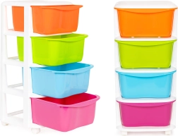 Цветен пластмасов органайзер с четири чекмеджета на колелца