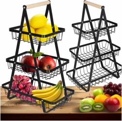 Трипластова метална кошница за плодове с дървена дръжка, черна