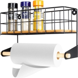 Стенен държач за кухненски ролки с рафт, метален черен