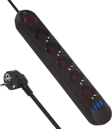 Удължител със защита от пренапрежение с 5 контакта и 3× USB, 2500 W, черен