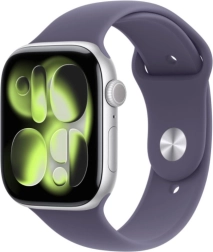 Apple Watch Series 11 GPS 46 мм сребрист алуминий с лилава спортна каишка S/M