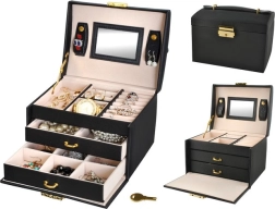 Сатенена кутия за бижута с ключ и огледалце – черна