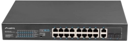 Unmanaged PoE+ switch 16× Fast Ethernet with 2× Combo Gigabit uplink, 19" rack, 150 W
