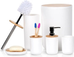 White 6‑piece bathroom set with bamboo details