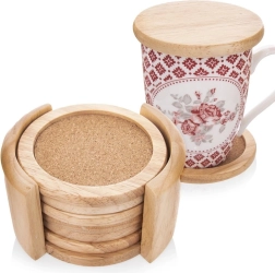 Wooden Cork Coasters with Stand, 6 pcs