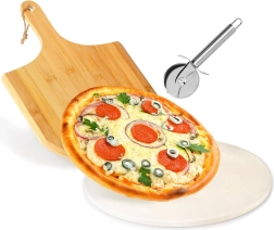 Fireclay pizza stone with bamboo peel and stainless steel cutter, 3-piece set