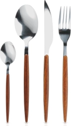 Комплект прибори от неръждаема стомана, 16 части, с дръжки с дървесна визия