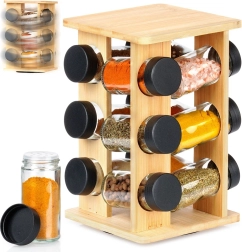 Въртяща се бамбукова стойка за подправки със стъклени бурканчета, 13 части
