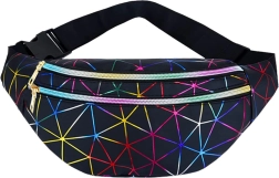 Unisex fanny pack with holographic geometric pattern, 3 pockets, adjustable strap
