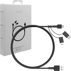 Aukey 3в1 зареждащ кабел USB-A към Lightning, USB‑C и micro USB 1,2 m, черен найлон