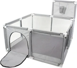 Детска кошара 130 × 130 см със сух басейн и кош – сива